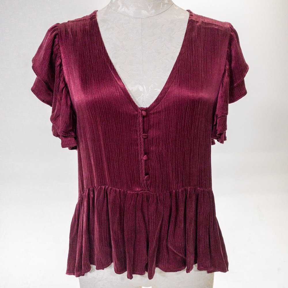Neiman Marcus M Silky Ruffle Babydoll Blouse Red
